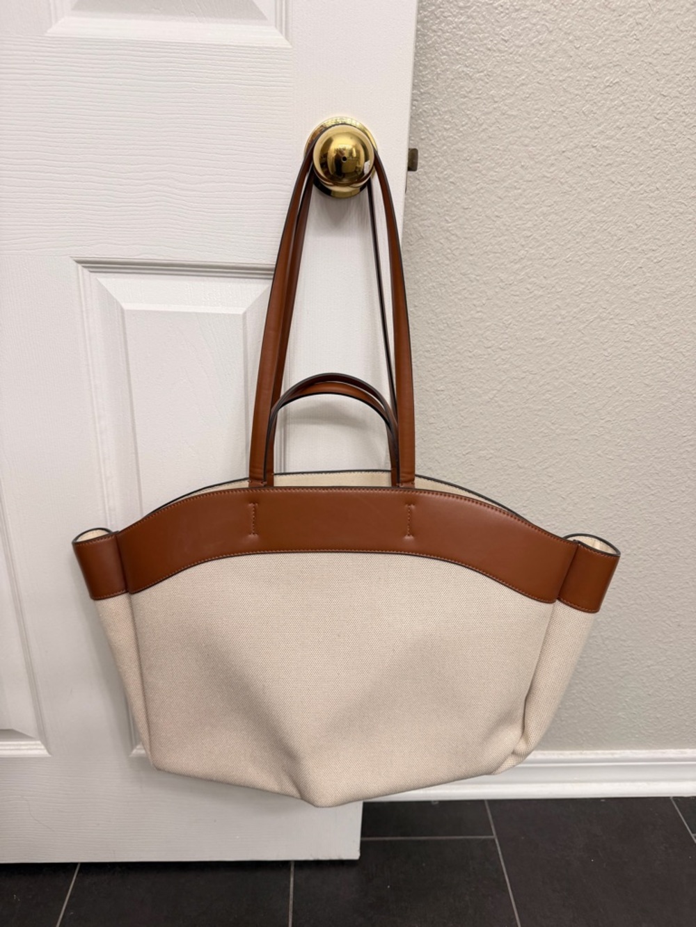 Zara Cream Canvas Shoulder Bag with Brown Leather Trim
